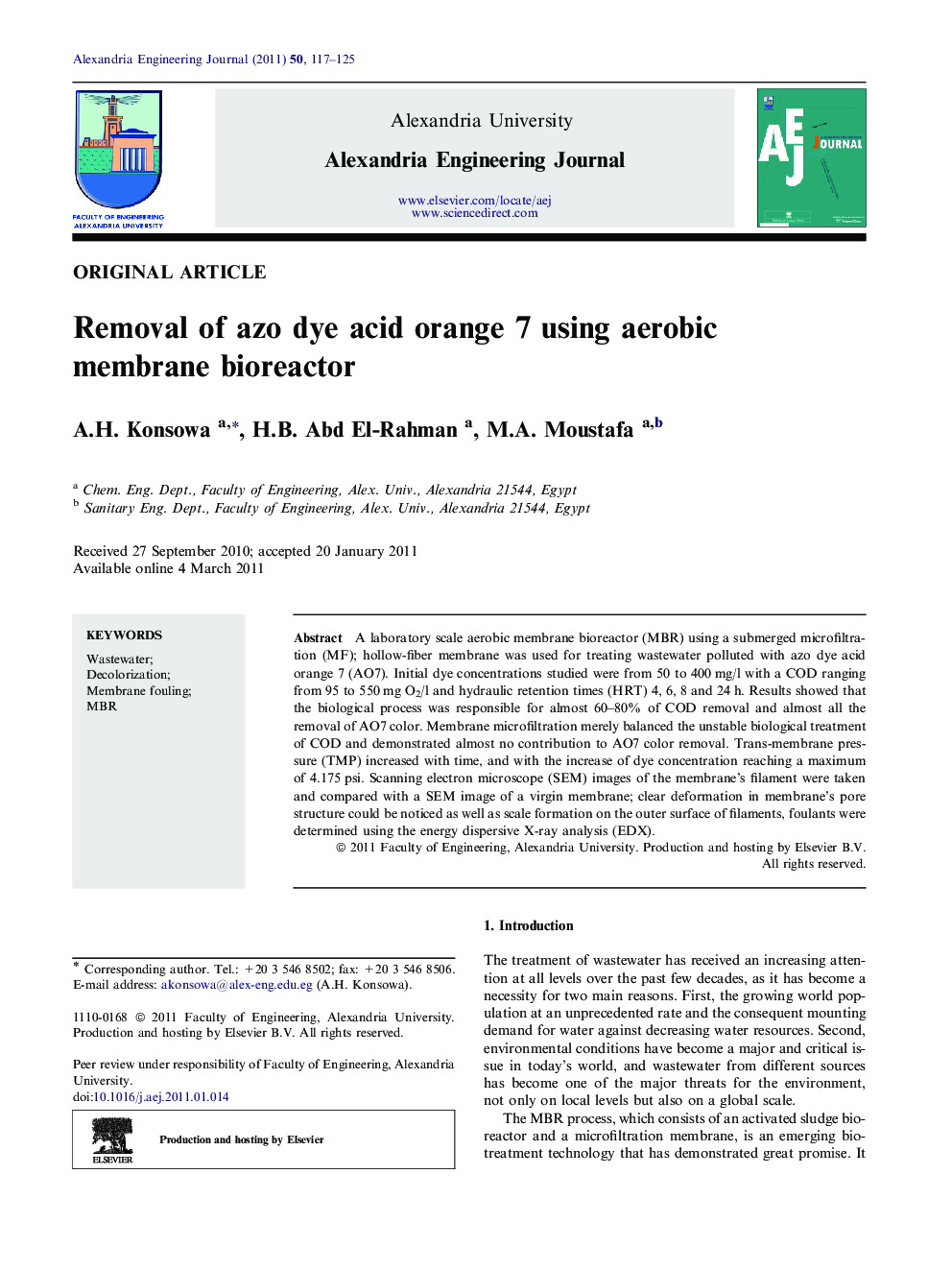 عکس صفحه اول مقاله: Removal of azo dye acid orange 7 using aerobic membrane bioreactor Removal of azo dye acid orange 7 using aerobic membrane bioreactor