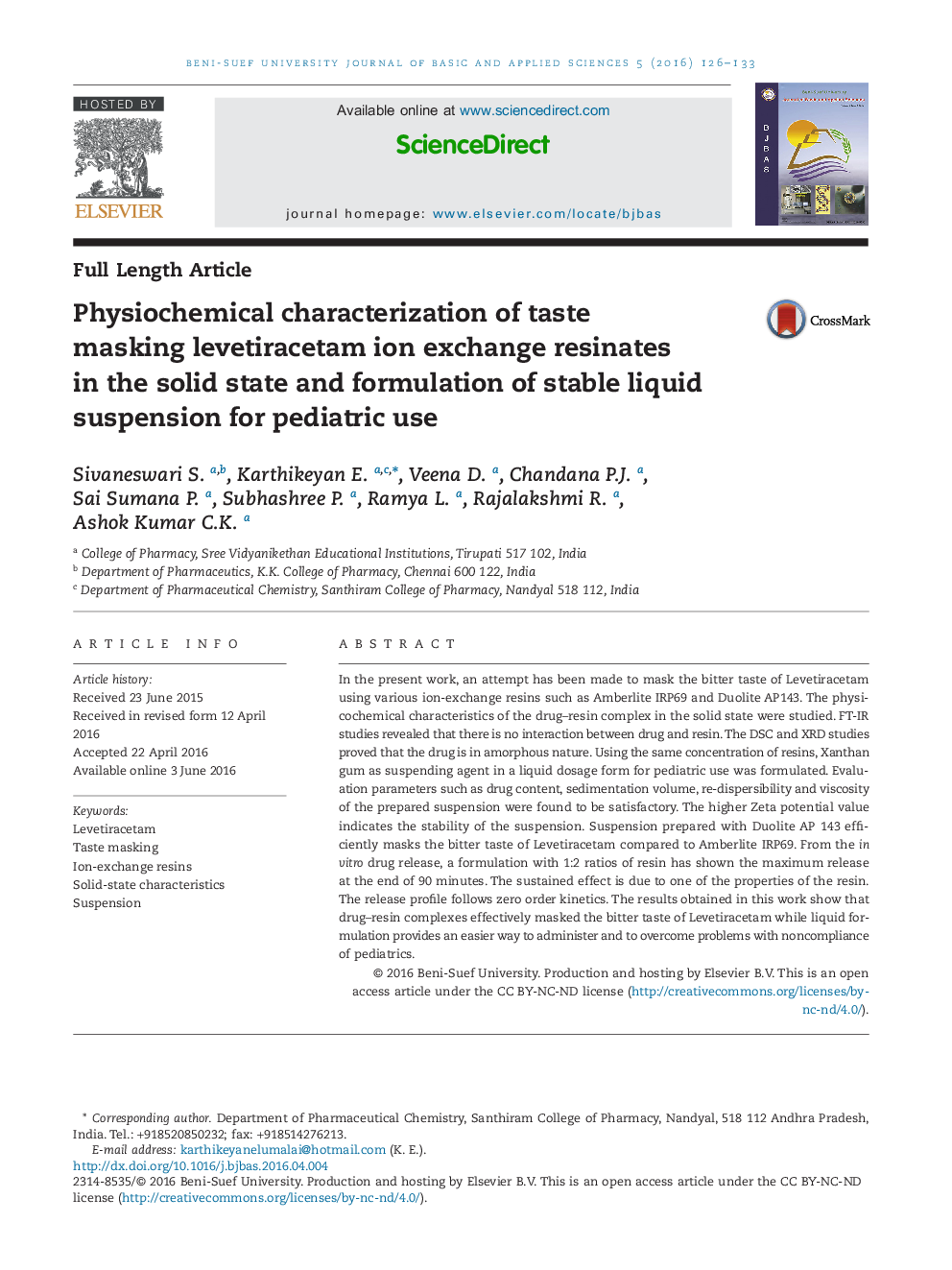 Physiochemical characterization of taste masking levetiracetam ion exchange resinates in the solid state and formulation of stable liquid suspension for pediatric use