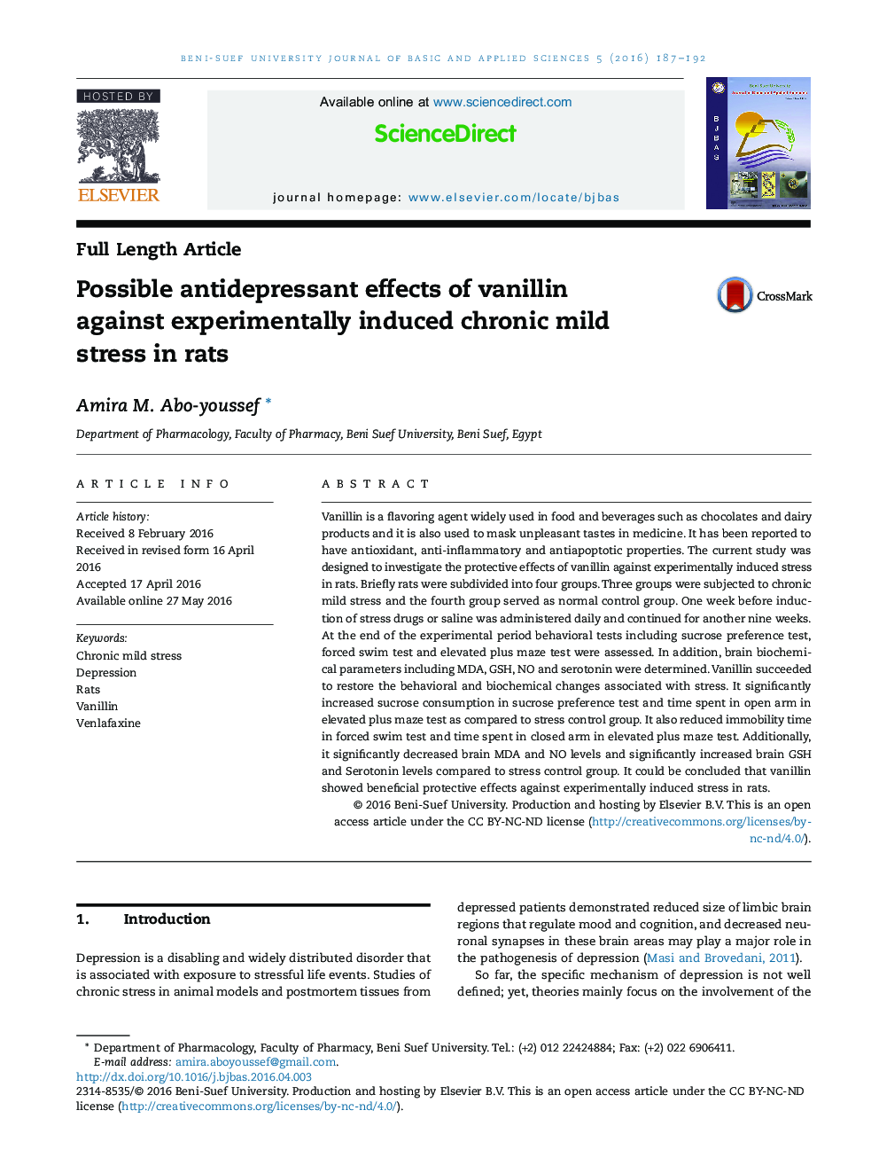 Possible antidepressant effects of vanillin against experimentally induced chronic mild stress in rats