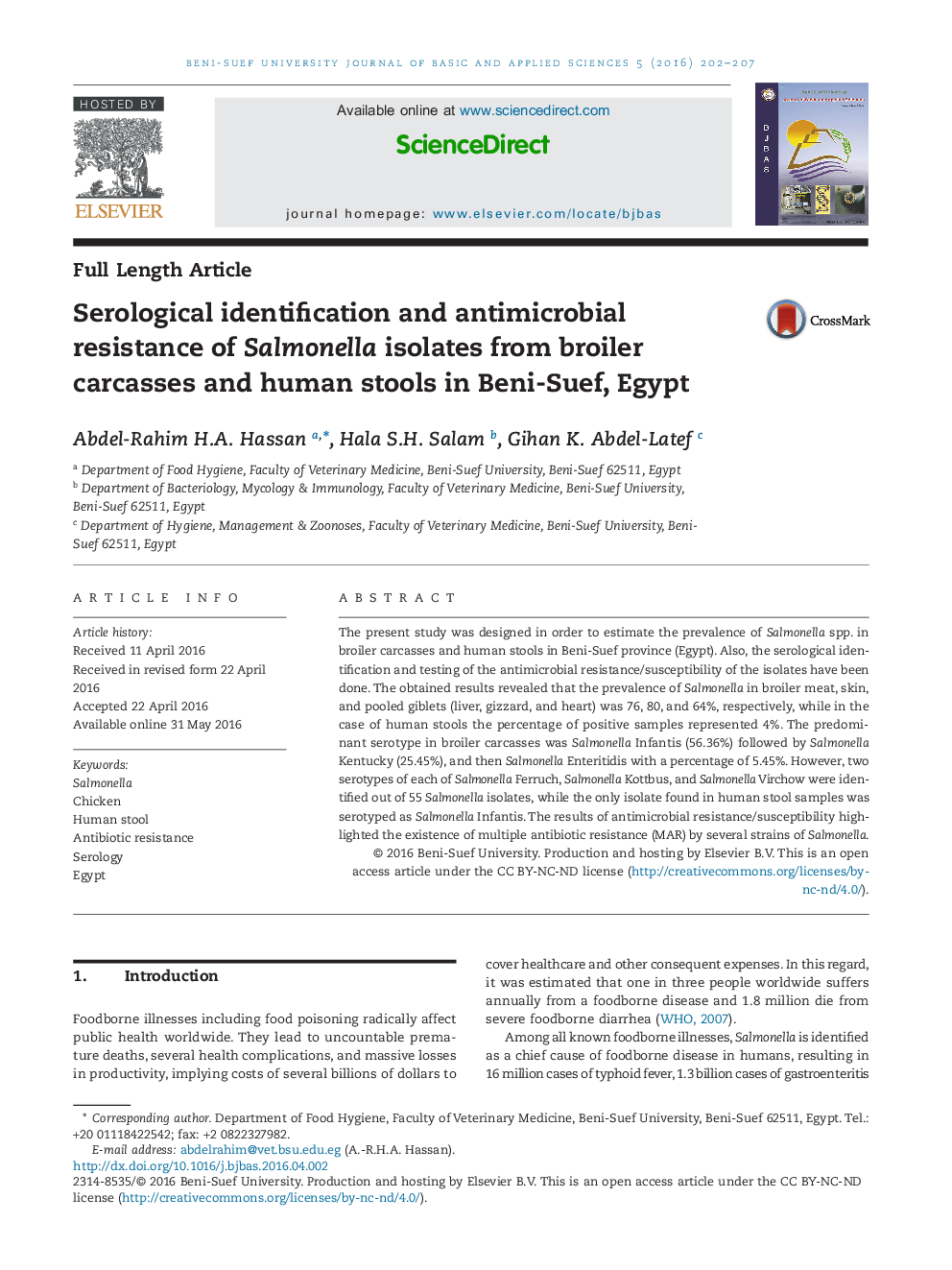 Serological identification and antimicrobial resistance of Salmonella isolates from broiler carcasses and human stools in Beni-Suef, Egypt