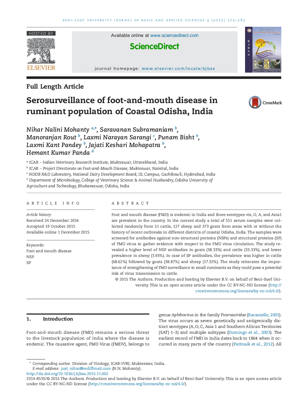 Serosurveillance of foot-and-mouth disease in ruminant population of Coastal Odisha, India