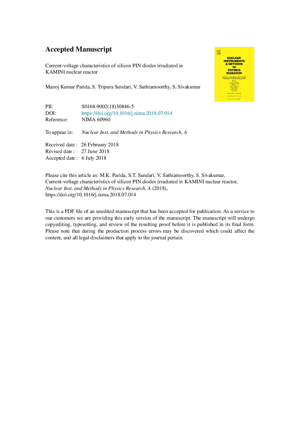 Current-voltage characteristics of silicon PIN diodes irradiated in KAMINI nuclear reactor