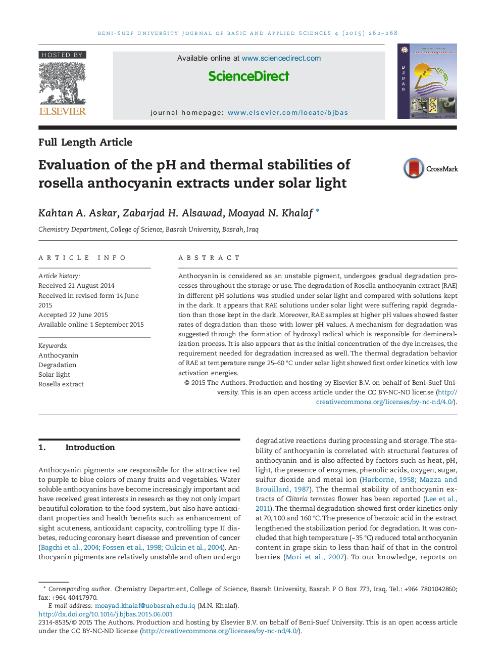 Evaluation of the pH and thermal stabilities of rosella anthocyanin extracts under solar light