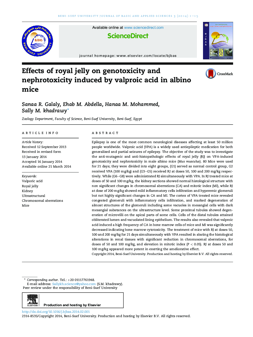 Effects of royal jelly on genotoxicity and nephrotoxicity induced by valproic acid in albino mice 