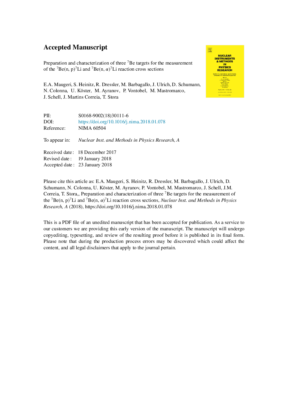 Preparation and characterization of threeÂ 7Be targets for the measurement of theÂ 7Be(n, p)7Li andÂ 7Be(n, Î±)7Li reaction cross sections