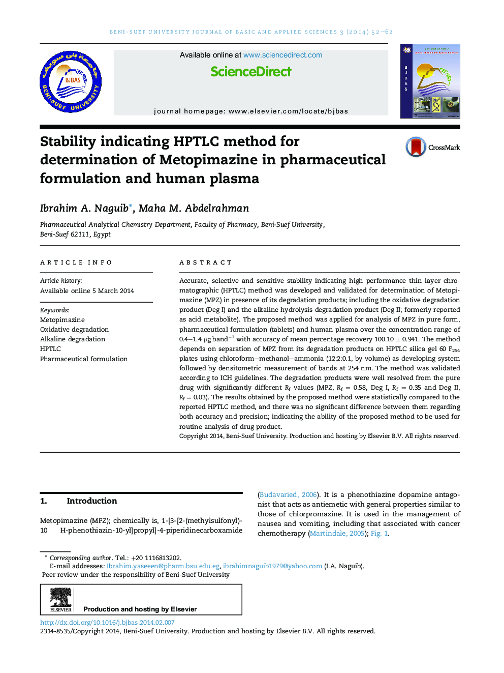 Stability indicating HPTLC method for determination of Metopimazine in pharmaceutical formulation and human plasma