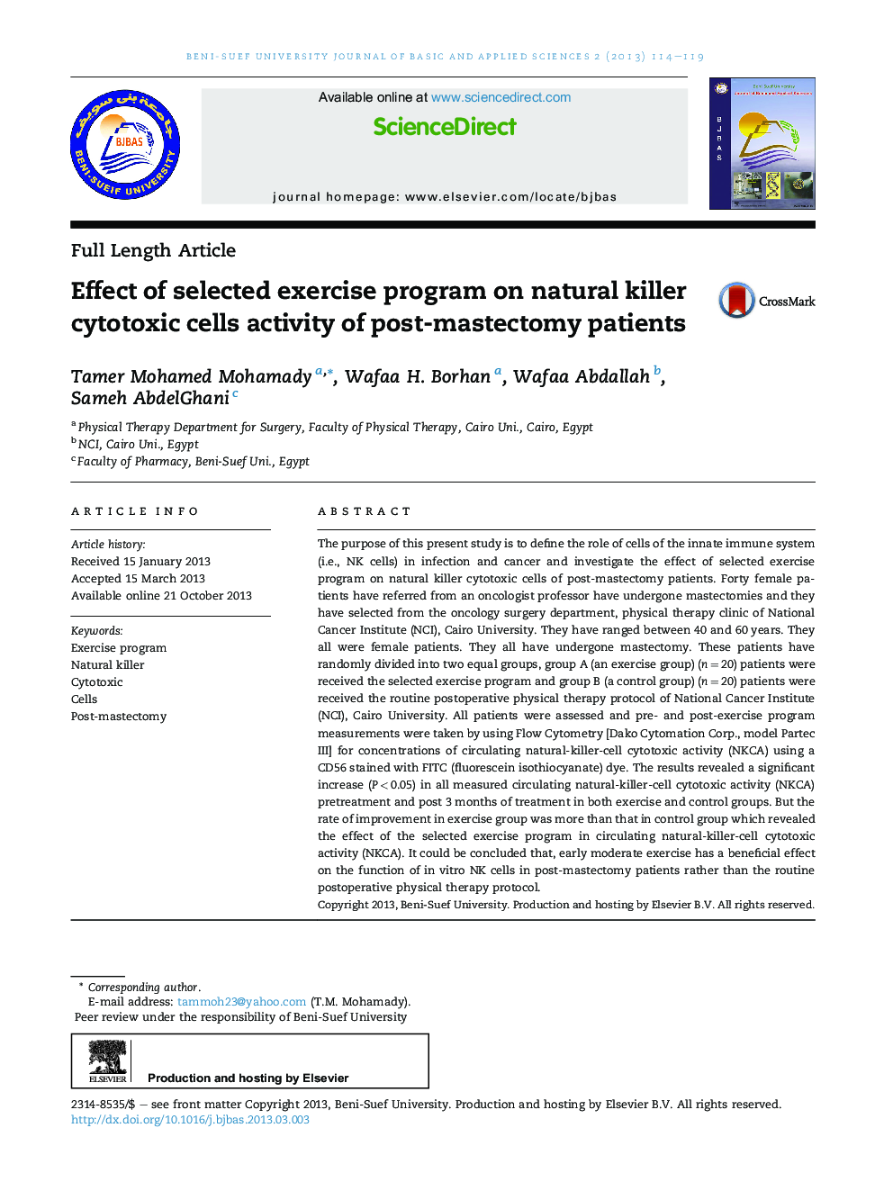 Effect of selected exercise program on natural killer cytotoxic cells activity of post-mastectomy patients 