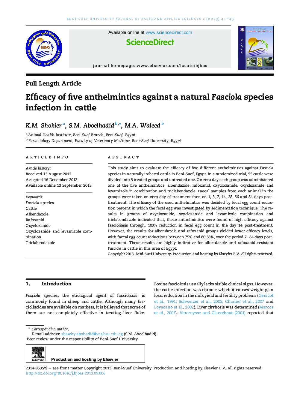 Efficacy of five anthelmintics against a natural Fasciola species infection in cattle 