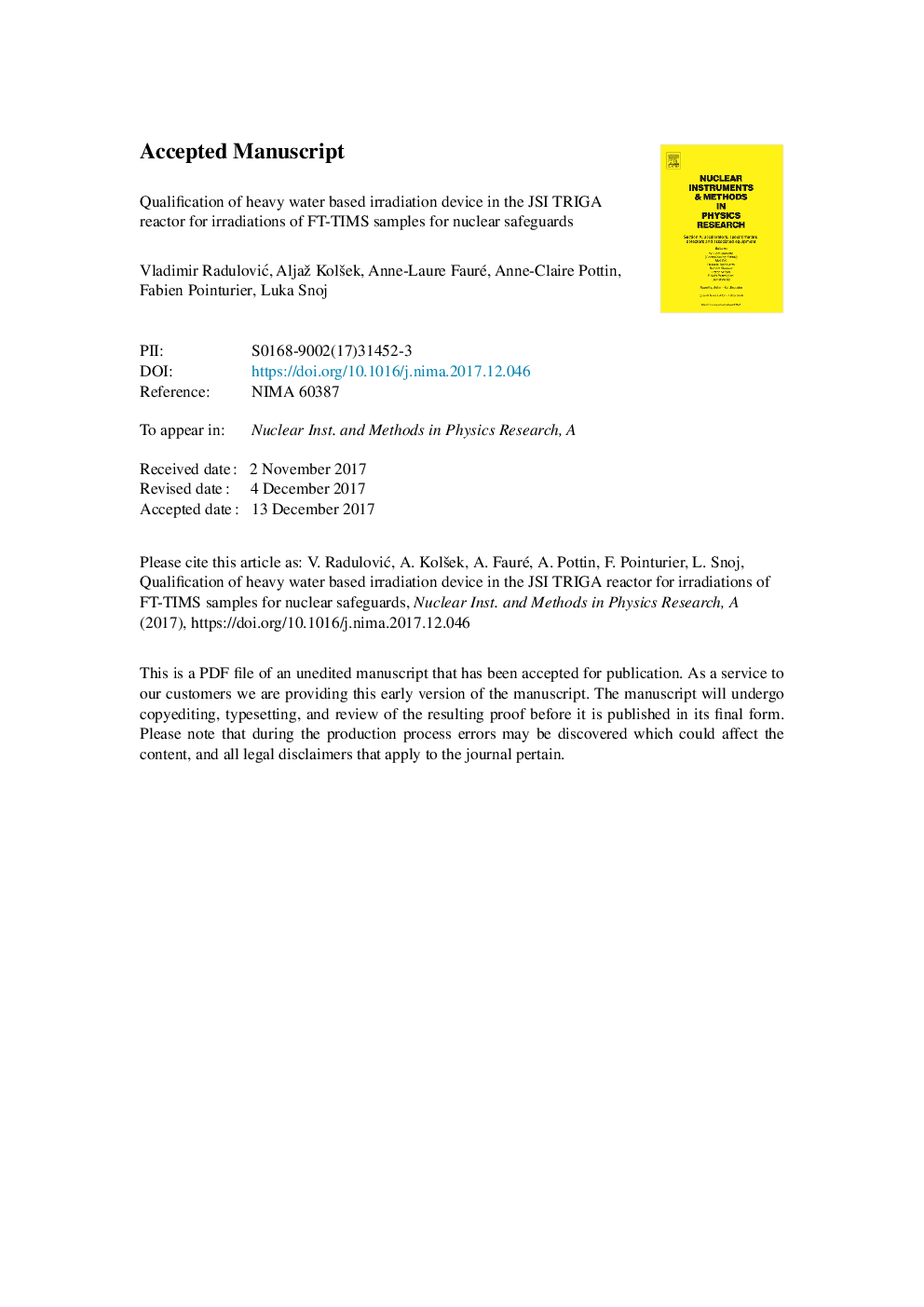 Qualification of heavy water based irradiation device in the JSI TRIGA reactor for irradiations of FT-TIMS samples for nuclear safeguards