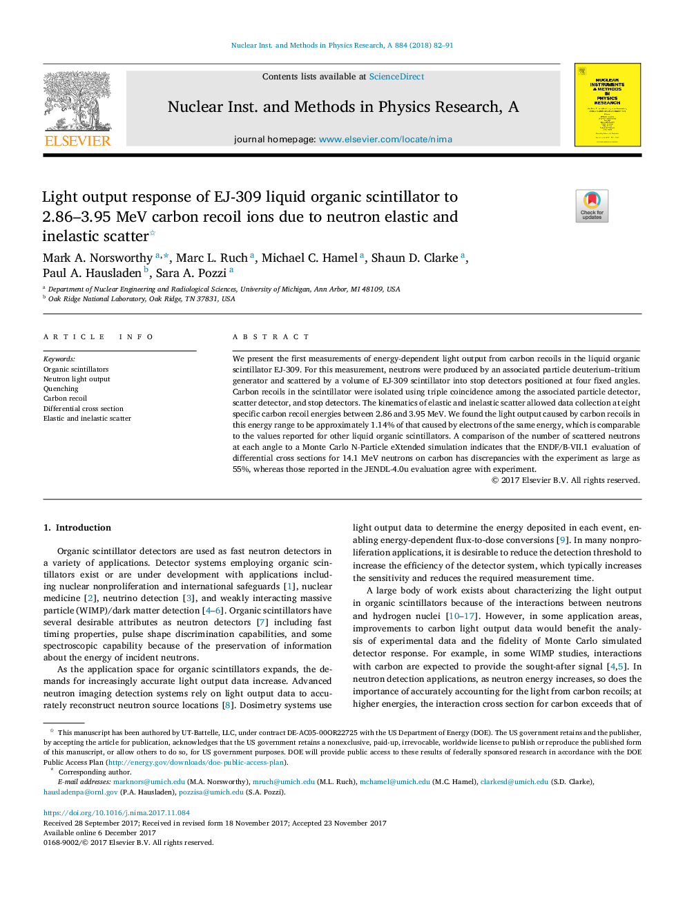 Light output response of EJ-309 liquid organic scintillator to 2.86-3.95Â MeV carbon recoil ions due to neutron elastic and inelasticÂ scatter