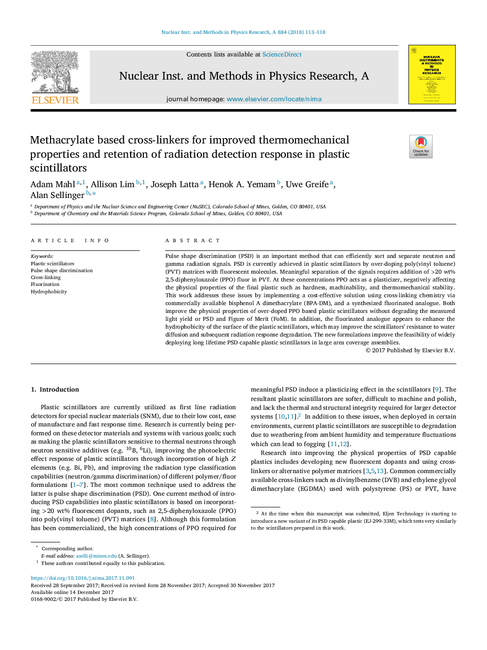 عکس صفحه اول مقاله: Methacrylate based cross-linkers for improved thermomechanical properties and retention of radiation detection response in plastic scintillators Methacrylate based cross-linkers for improved thermomechanical properties and retention of radiation detection response in plastic scintillators