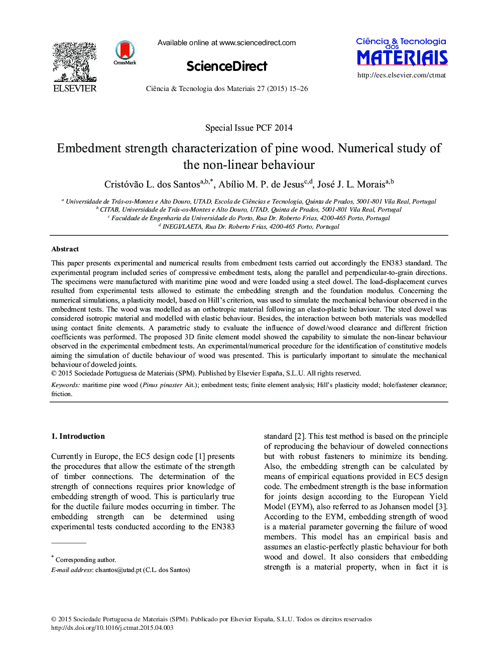 Embedment strength characterization of pine wood. Numerical study of the non-linear behaviour