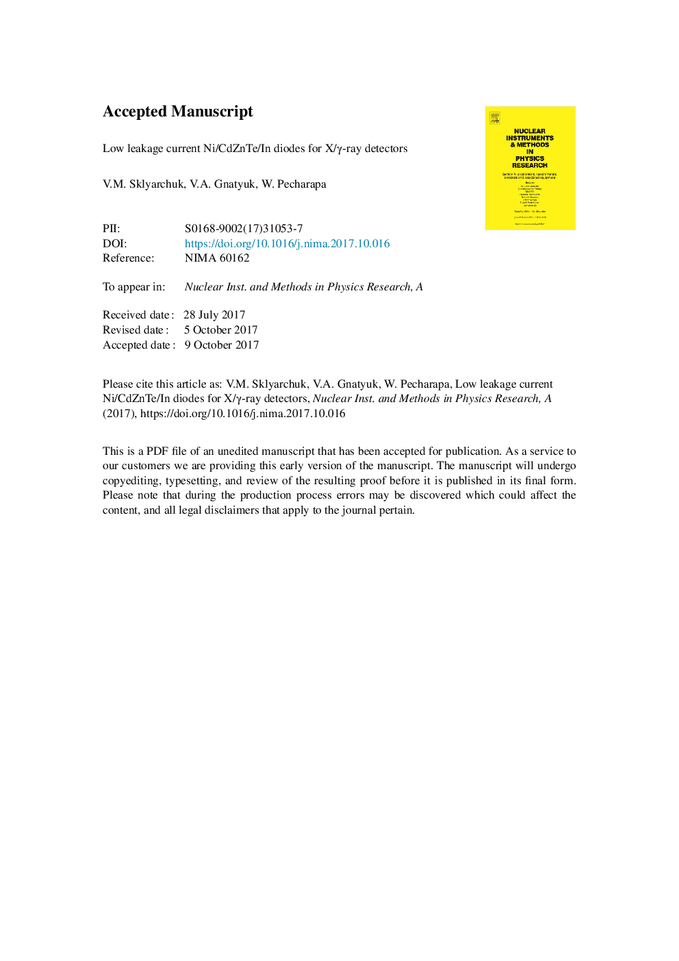 Low leakage current Ni/CdZnTe/In diodes for X/Î³-ray detectors