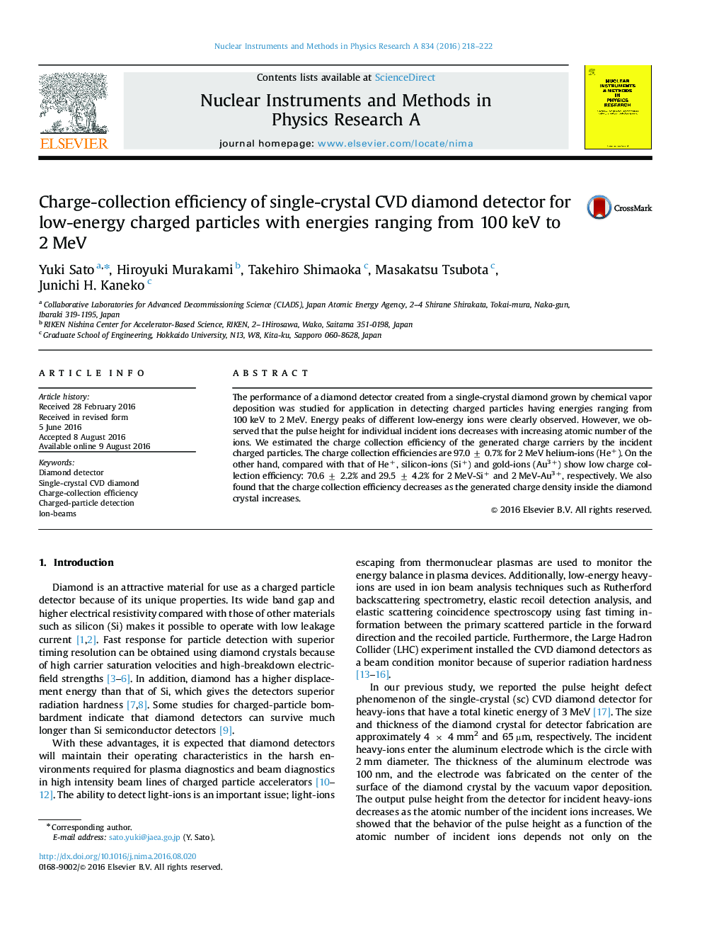 Charge-collection efficiency of single-crystal CVD diamond detector for low-energy charged particles with energies ranging from 100Â keV to 2Â MeV