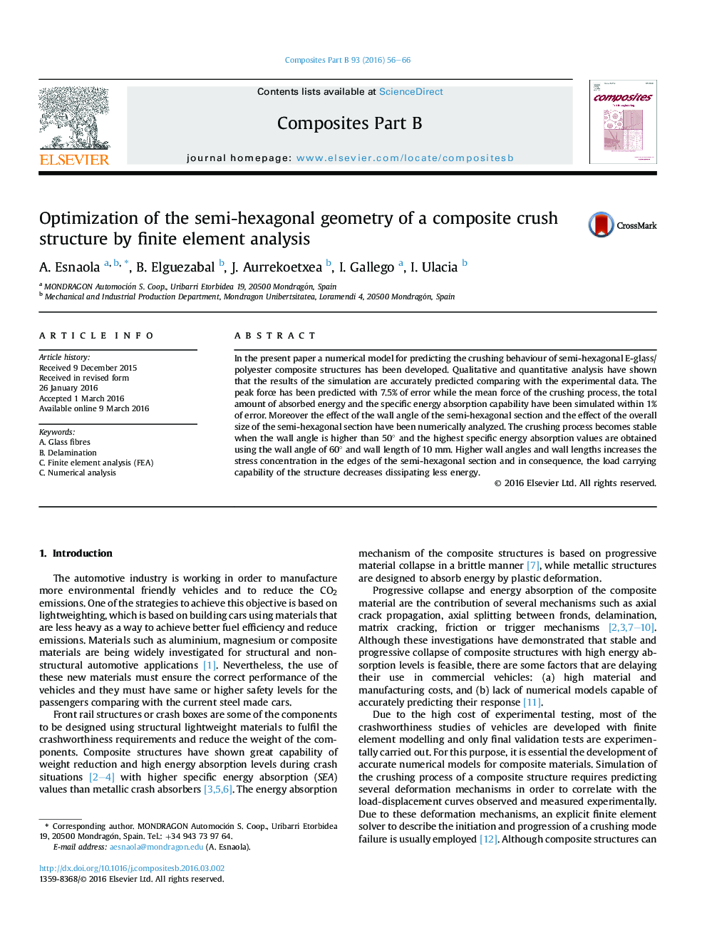 Optimization of the semi-hexagonal geometry of a composite crush structure by finite element analysis