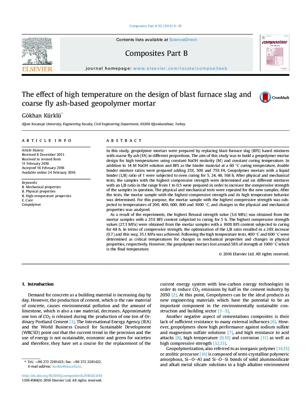 The effect of high temperature on the design of blast furnace slag and coarse fly ash-based geopolymer mortar