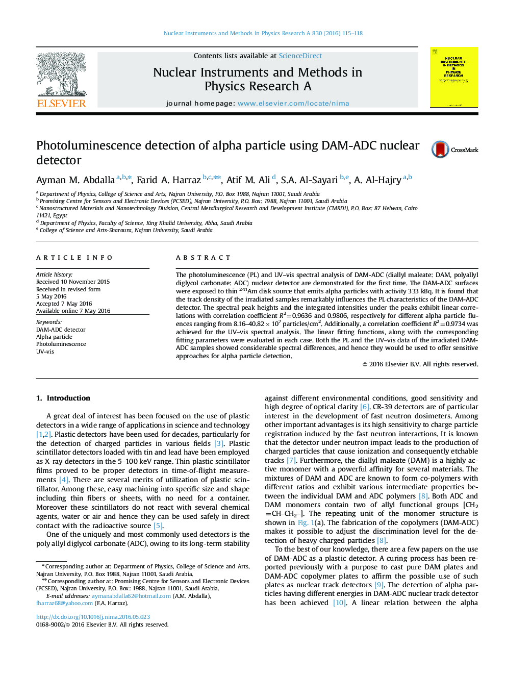 Photoluminescence detection of alpha particle using DAM-ADC nuclear detector