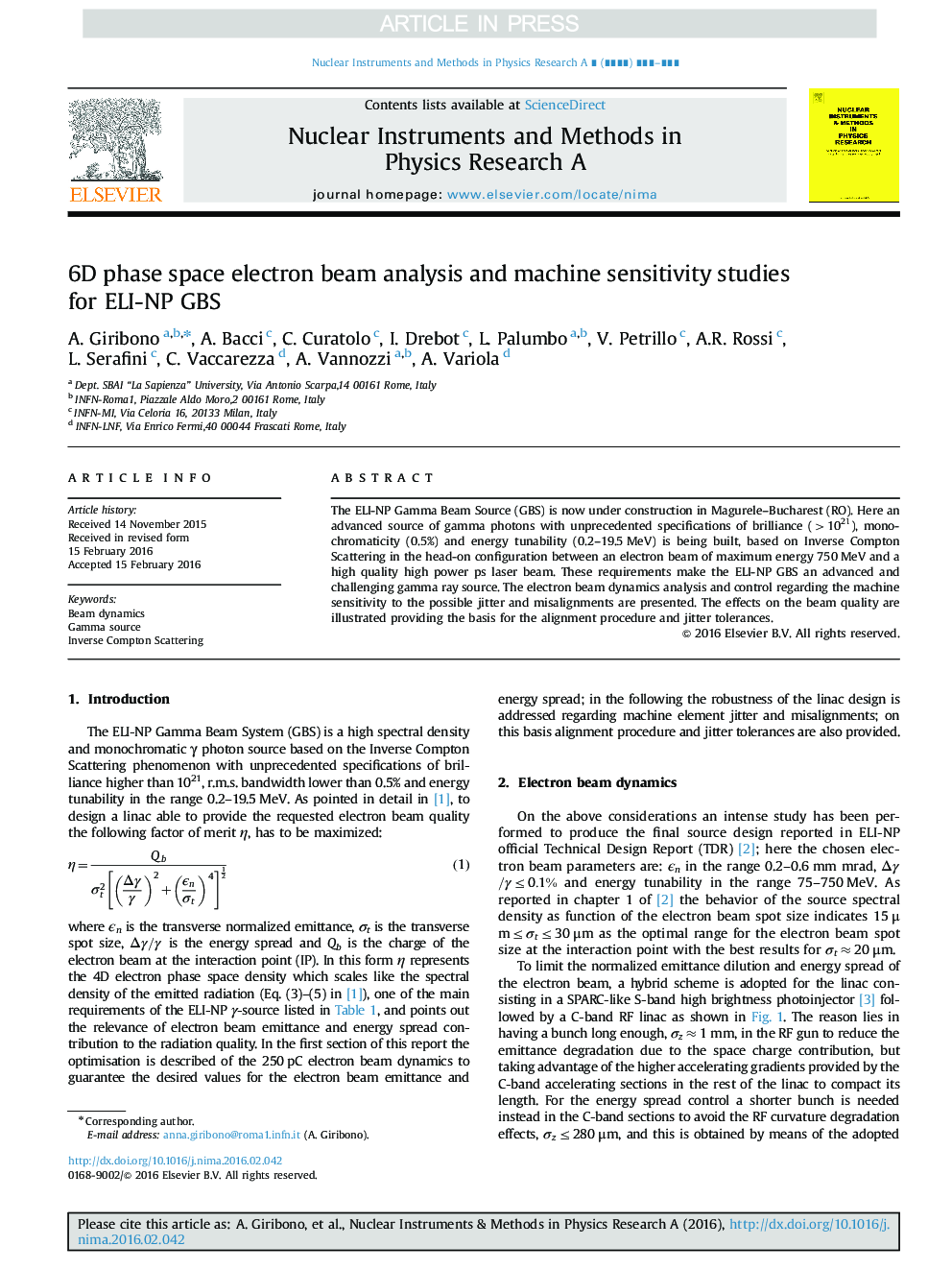 6D phase space electron beam analysis and machine sensitivity studies for ELI-NP GBS