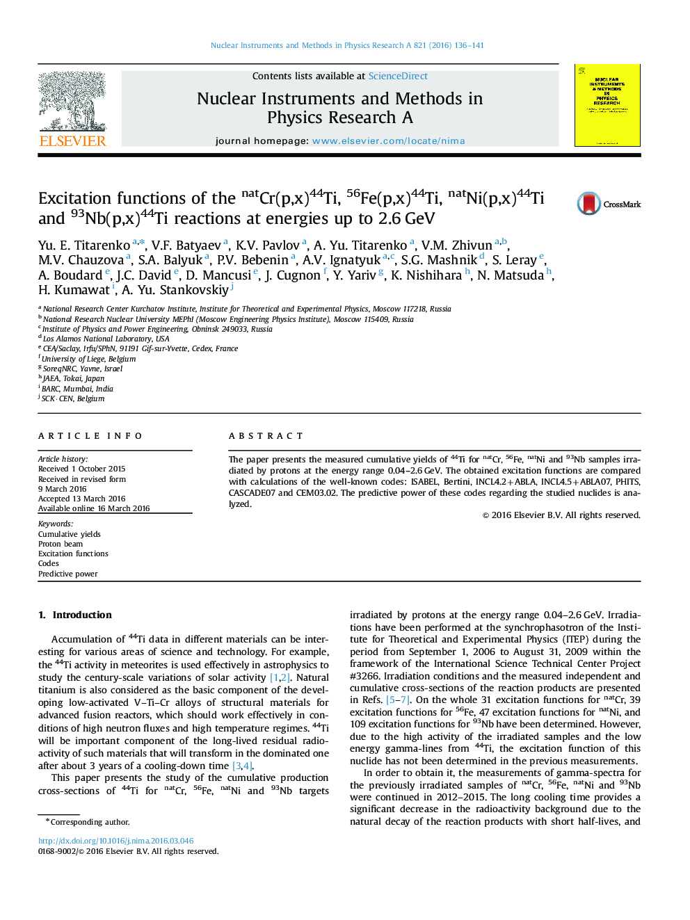 Excitation functions of the natCr(p,x)44Ti, 56Fe(p,x)44Ti, natNi(p,x)44Ti and 93Nb(p,x)44Ti reactions at energies up to 2.6Â GeV