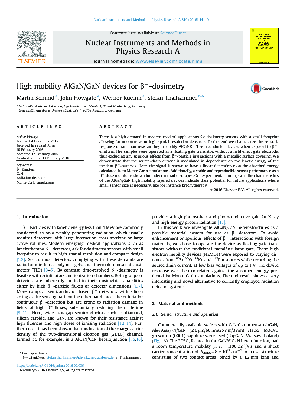 High mobility AlGaN/GaN devices for Î²â-dosimetry