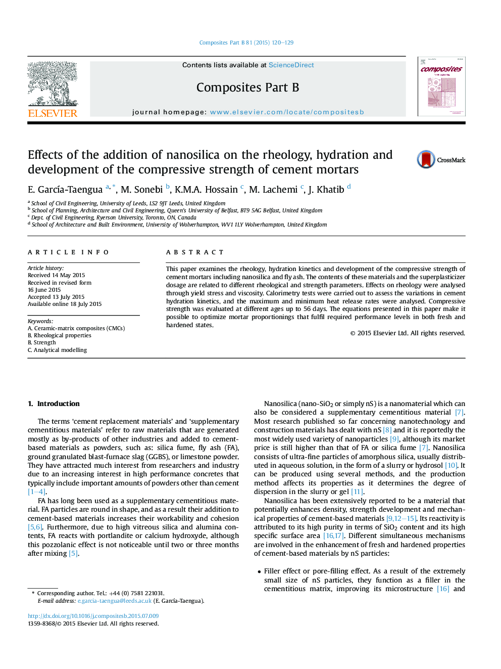 Effects of the addition of nanosilica on the rheology, hydration and development of the compressive strength of cement mortars