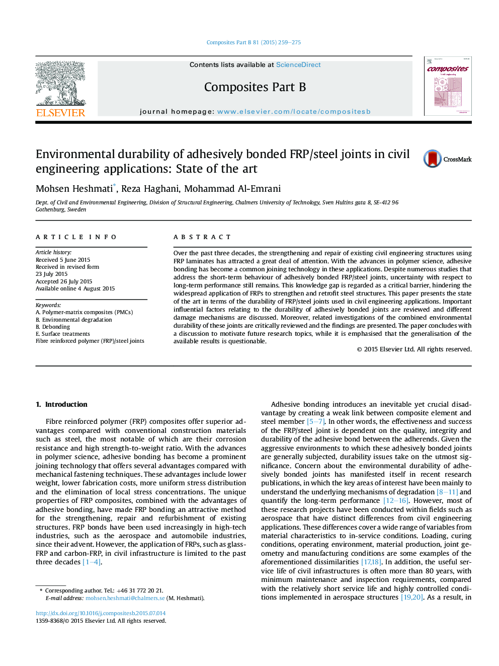 Environmental durability of adhesively bonded FRP/steel joints in civil engineering applications: State of the art