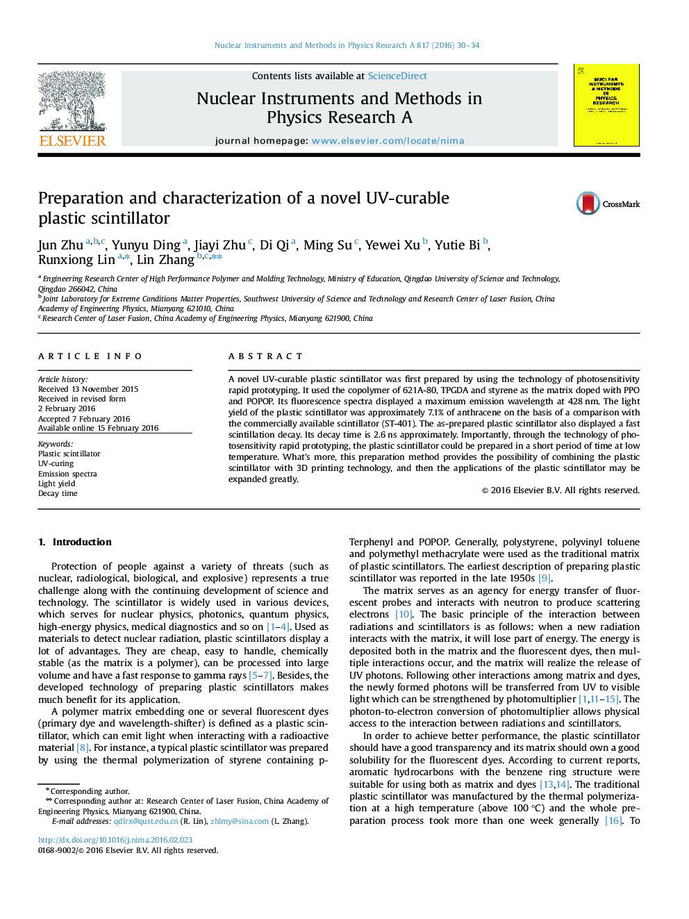 Preparation and characterization of a novel UV-curable plastic scintillator