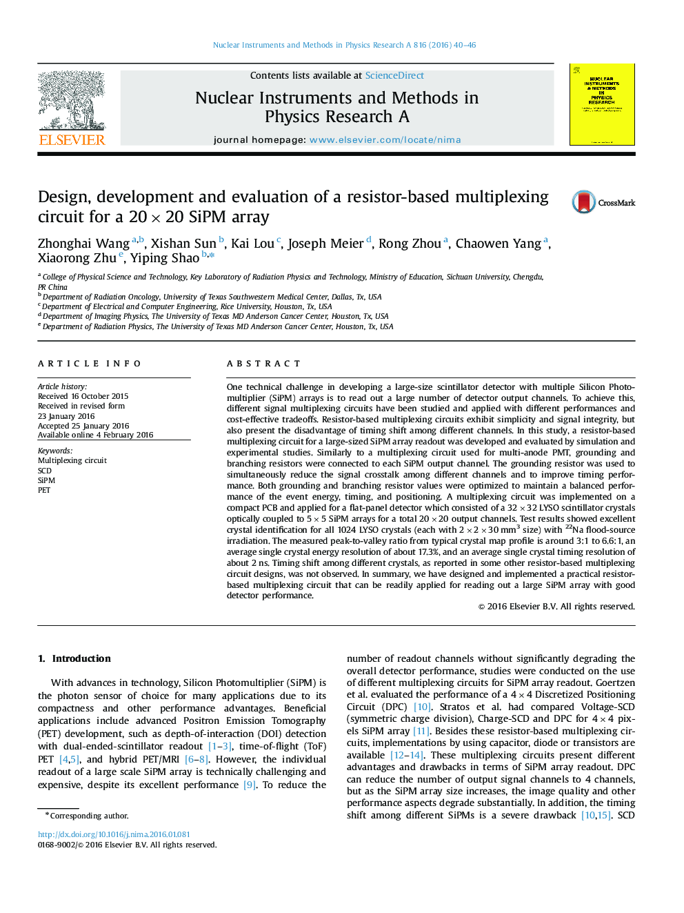 Design, development and evaluation of a resistor-based multiplexing circuit for a 20Ã20 SiPM array