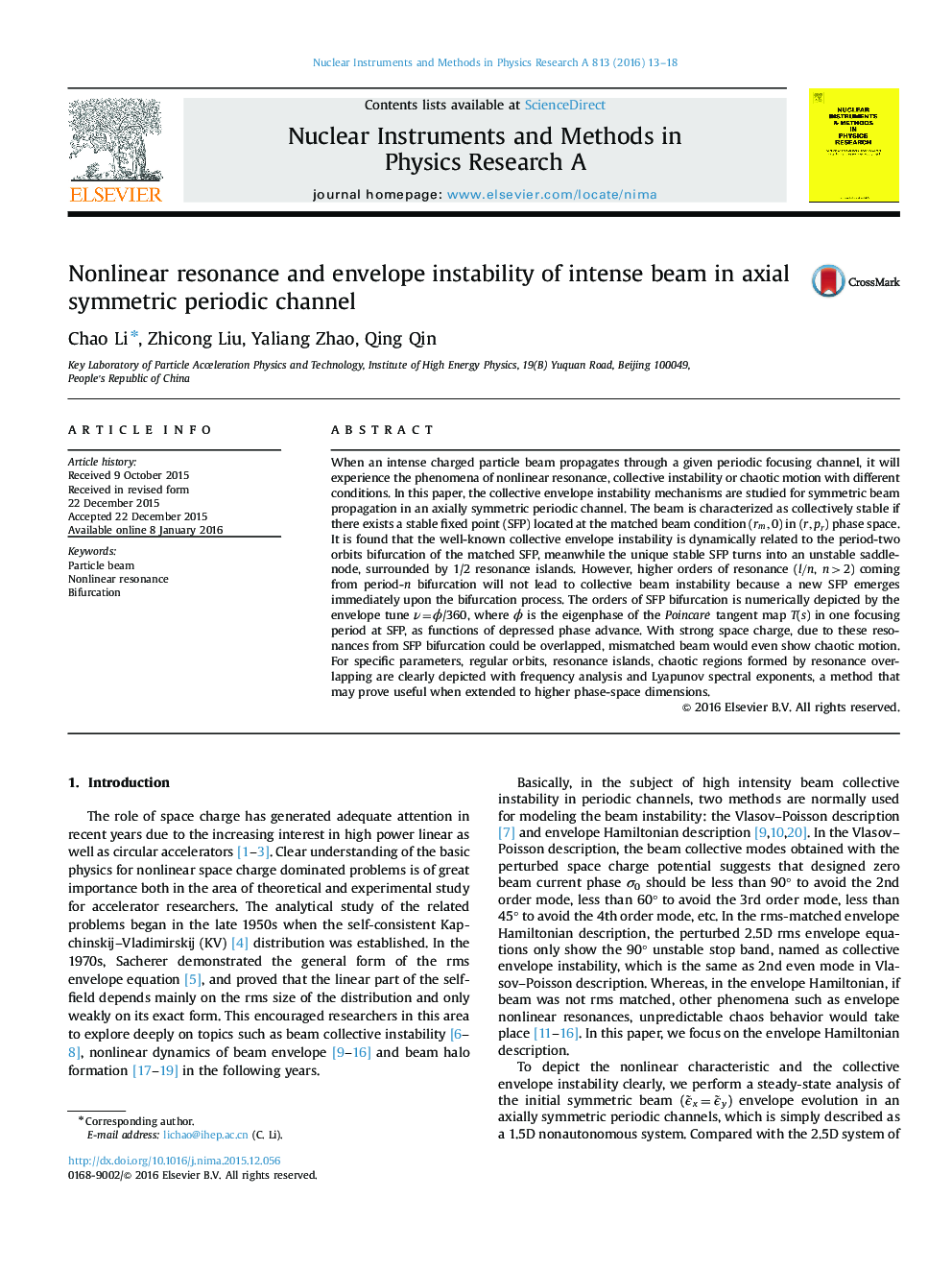 Nonlinear resonance and envelope instability of intense beam in axial symmetric periodic channel