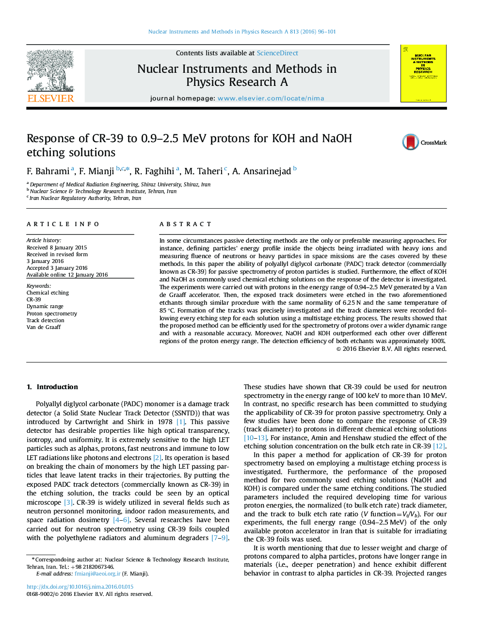 عکس صفحه اول مقاله: Response of CR-39 to 0.9-2.5 MeV protons for KOH and NaOH etching solutions Response of CR-39 to 0.9-2.5 MeV protons for KOH and NaOH etching solutions