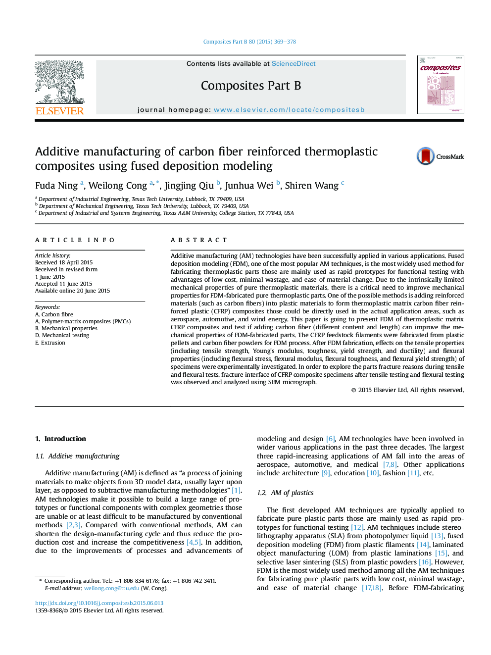 Additive manufacturing of carbon fiber reinforced thermoplastic composites using fused deposition modeling