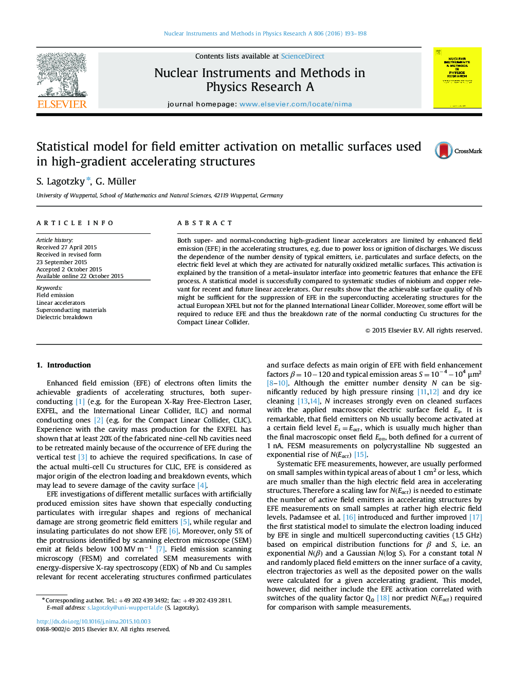 Statistical model for field emitter activation on metallic surfaces used in high-gradient accelerating structures