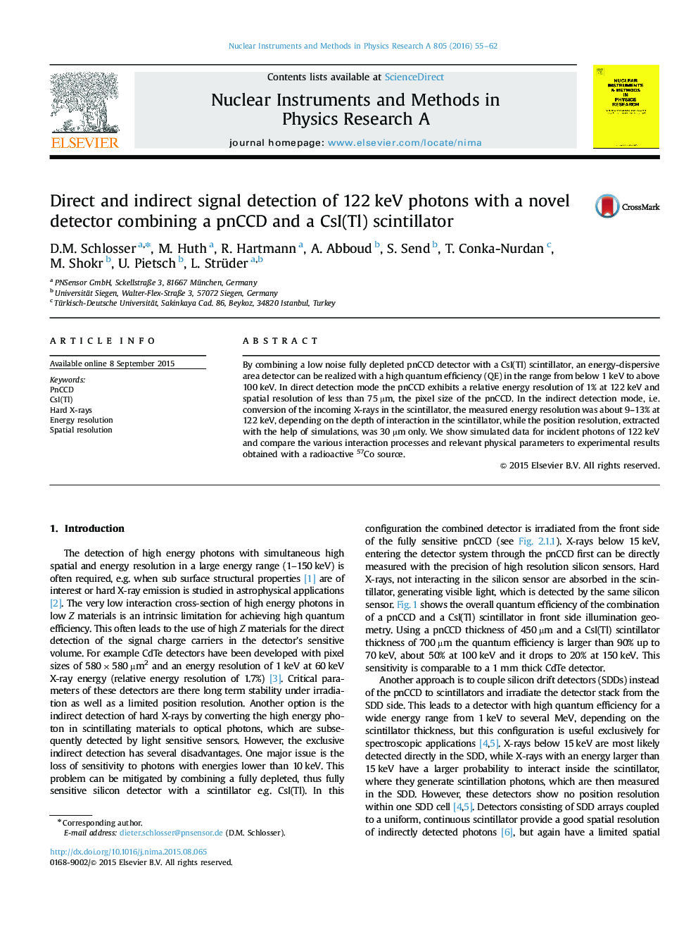 Direct and indirect signal detection of 122Â keV photons with a novel detector combining a pnCCD and a CsI(Tl) scintillator