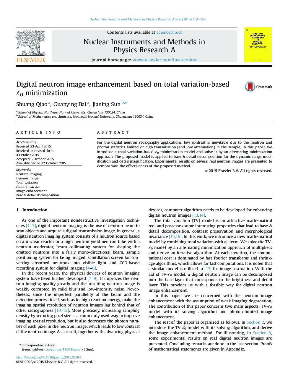 عکس صفحه اول مقاله: Digital neutron image enhancement based on total variation-based â0 minimization Digital neutron image enhancement based on total variation-based â0 minimization