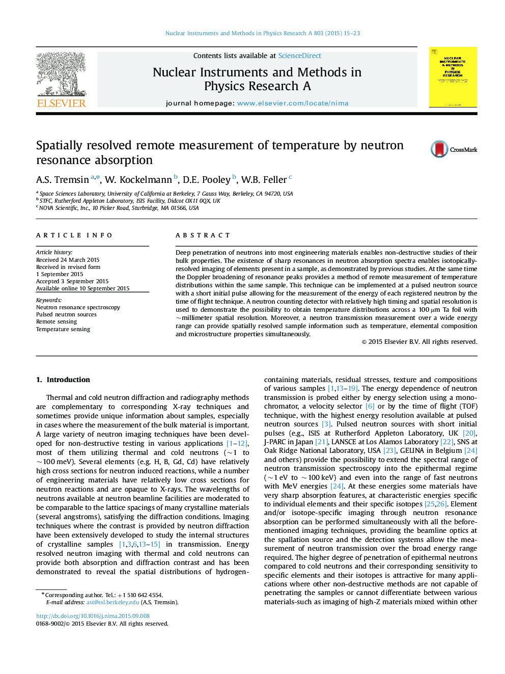 Spatially resolved remote measurement of temperature by neutron resonance absorption