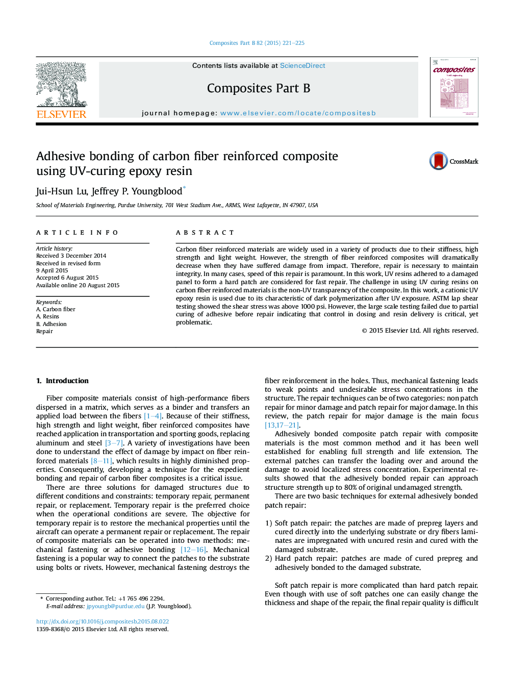 Adhesive bonding of carbon fiber reinforced composite using UV-curing epoxy resin