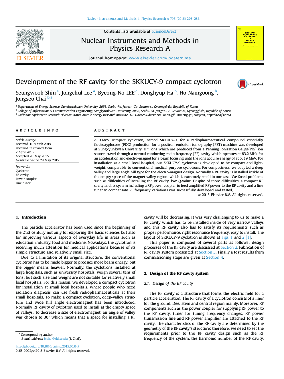 Development of the RF cavity for the SKKUCY-9 compact cyclotron