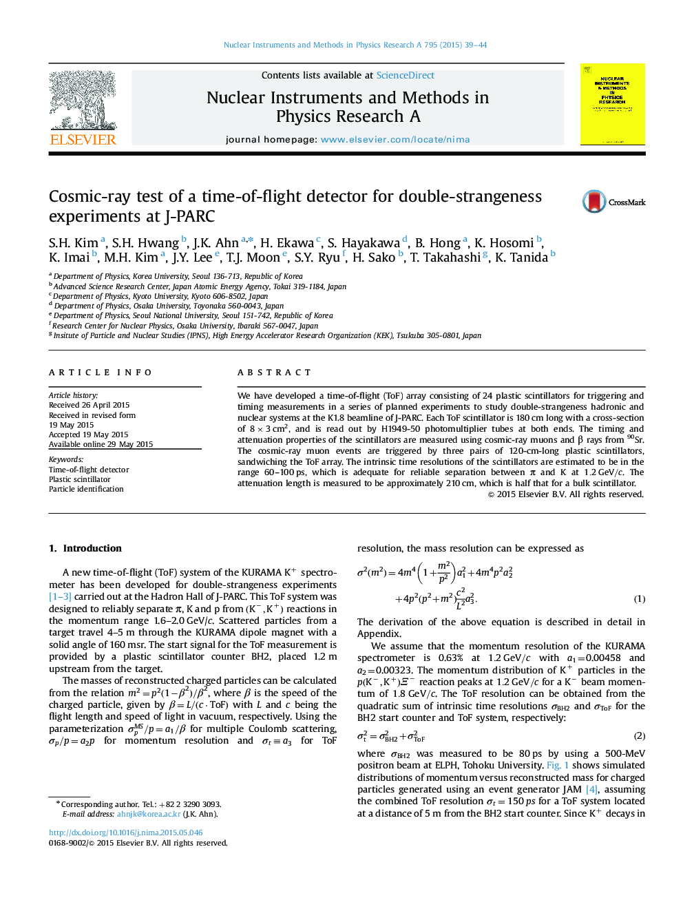 Cosmic-ray test of a time-of-flight detector for double-strangeness experiments at J-PARC