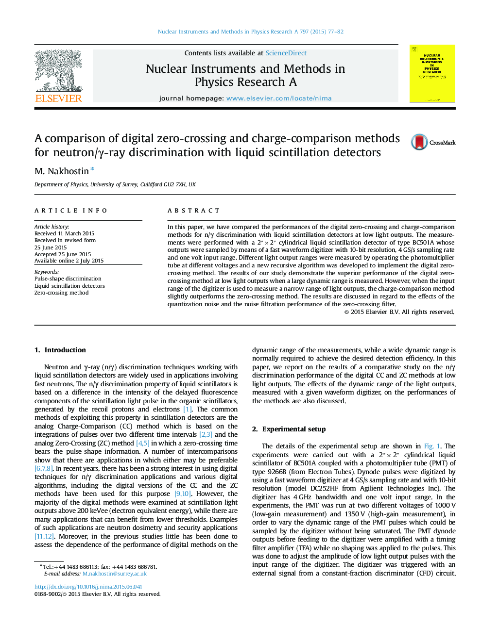 A comparison of digital zero-crossing and charge-comparison methods for neutron/Î³-ray discrimination with liquid scintillation detectors