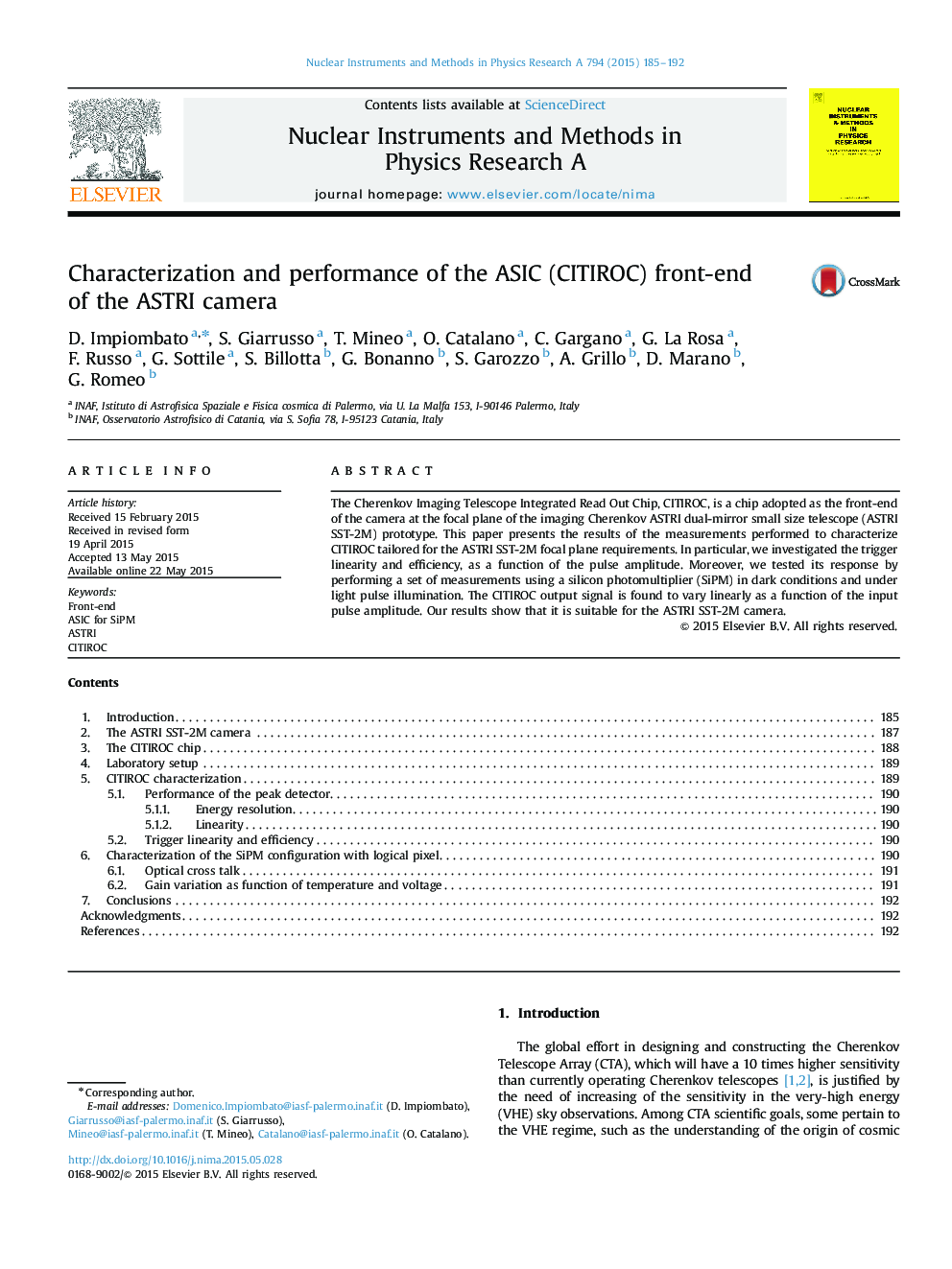 Characterization and performance of the ASIC (CITIROC) front-end of the ASTRI camera