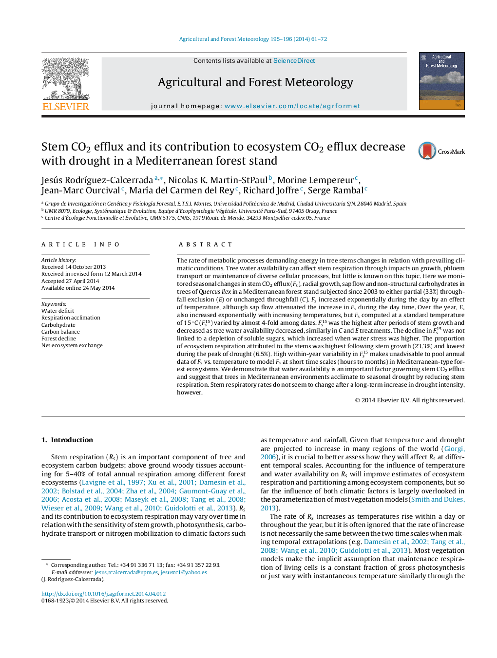 Stem CO2 efflux and its contribution to ecosystem CO2 efflux decrease with drought in a Mediterranean forest stand