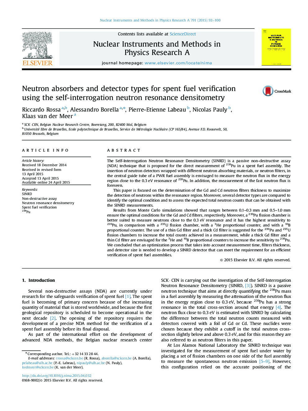 Neutron absorbers and detector types for spent fuel verification using the self-interrogation neutron resonance densitometry