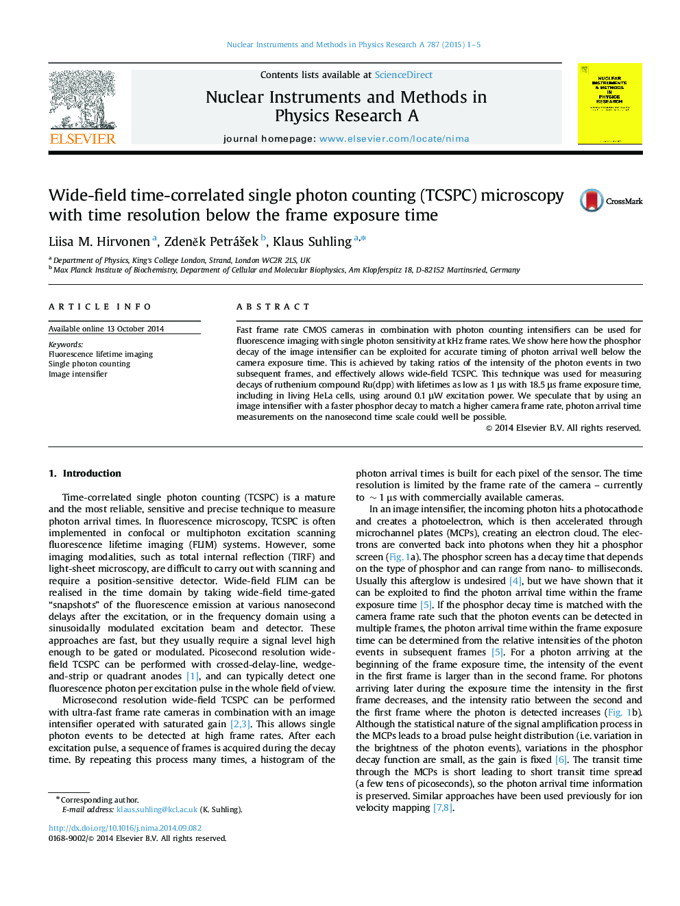 عکس صفحه اول مقاله: Wide-field time-correlated single photon counting (TCSPC) microscopy with time resolution below the frame exposure time Wide-field time-correlated single photon counting (TCSPC) microscopy with time resolution below the frame exposure time