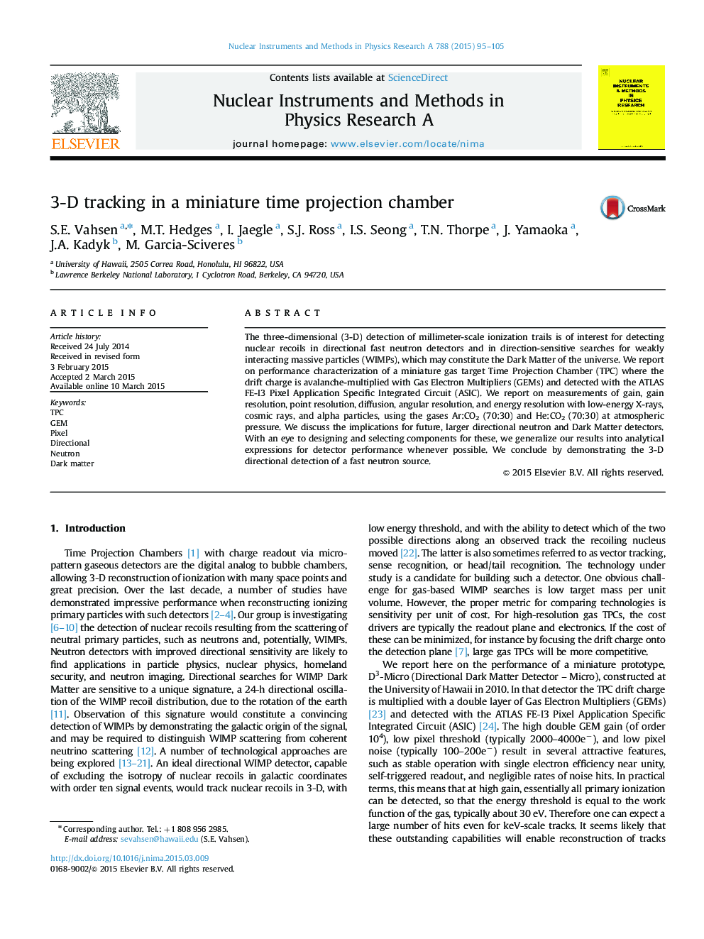 عکس صفحه اول مقاله: 3-D tracking in a miniature time projection chamber 3-D tracking in a miniature time projection chamber