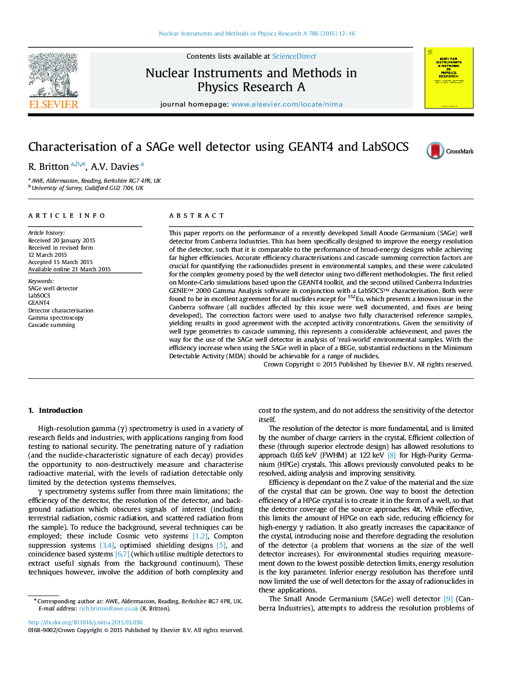 Characterisation of a SAGe well detector using GEANT4 and LabSOCS
