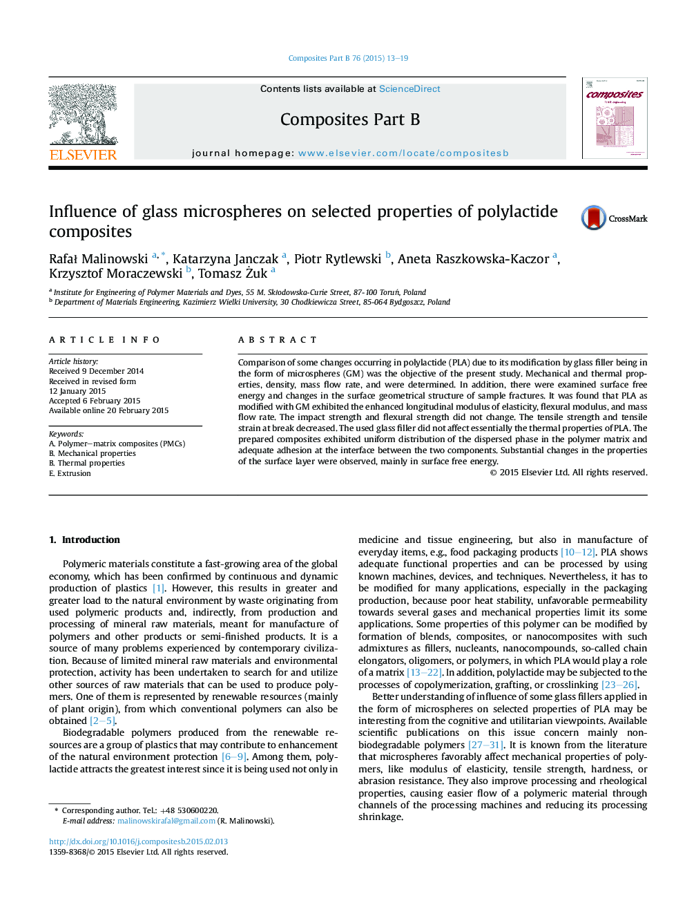 Influence of glass microspheres on selected properties of polylactide composites