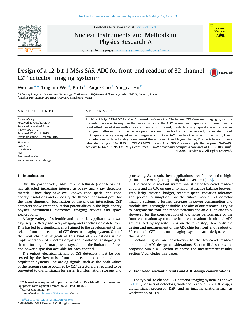 Design of a 12-bit 1Â MS/s SAR-ADC for front-end readout of 32-channel CZT detector imaging system