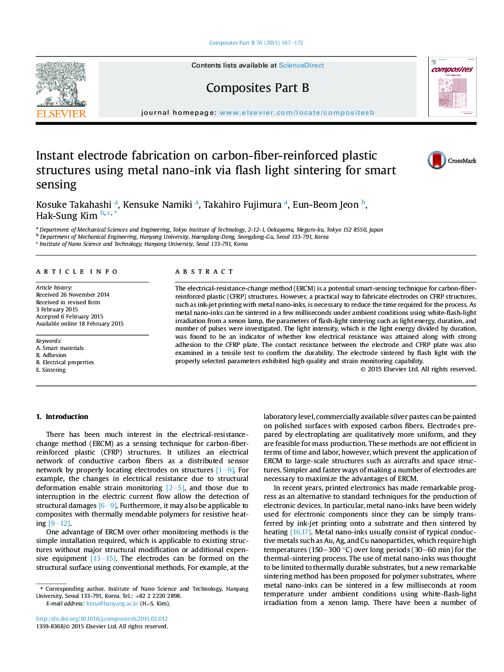 Instant electrode fabrication on carbon-fiber-reinforced plastic structures using metal nano-ink via flash light sintering for smart sensing