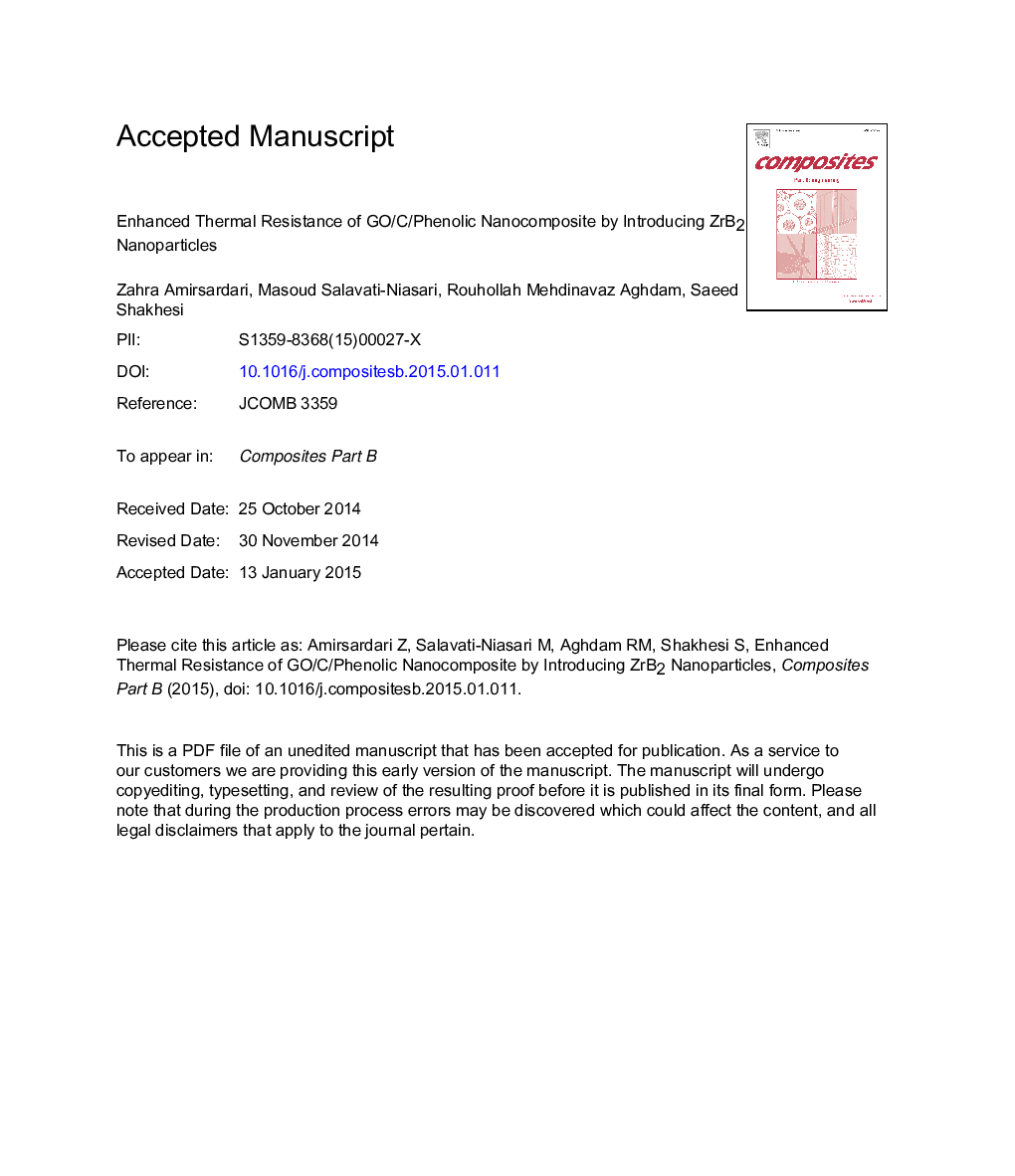 Enhanced thermal resistance of GO/C/phenolic nanocomposite by introducing ZrB2 nanoparticles