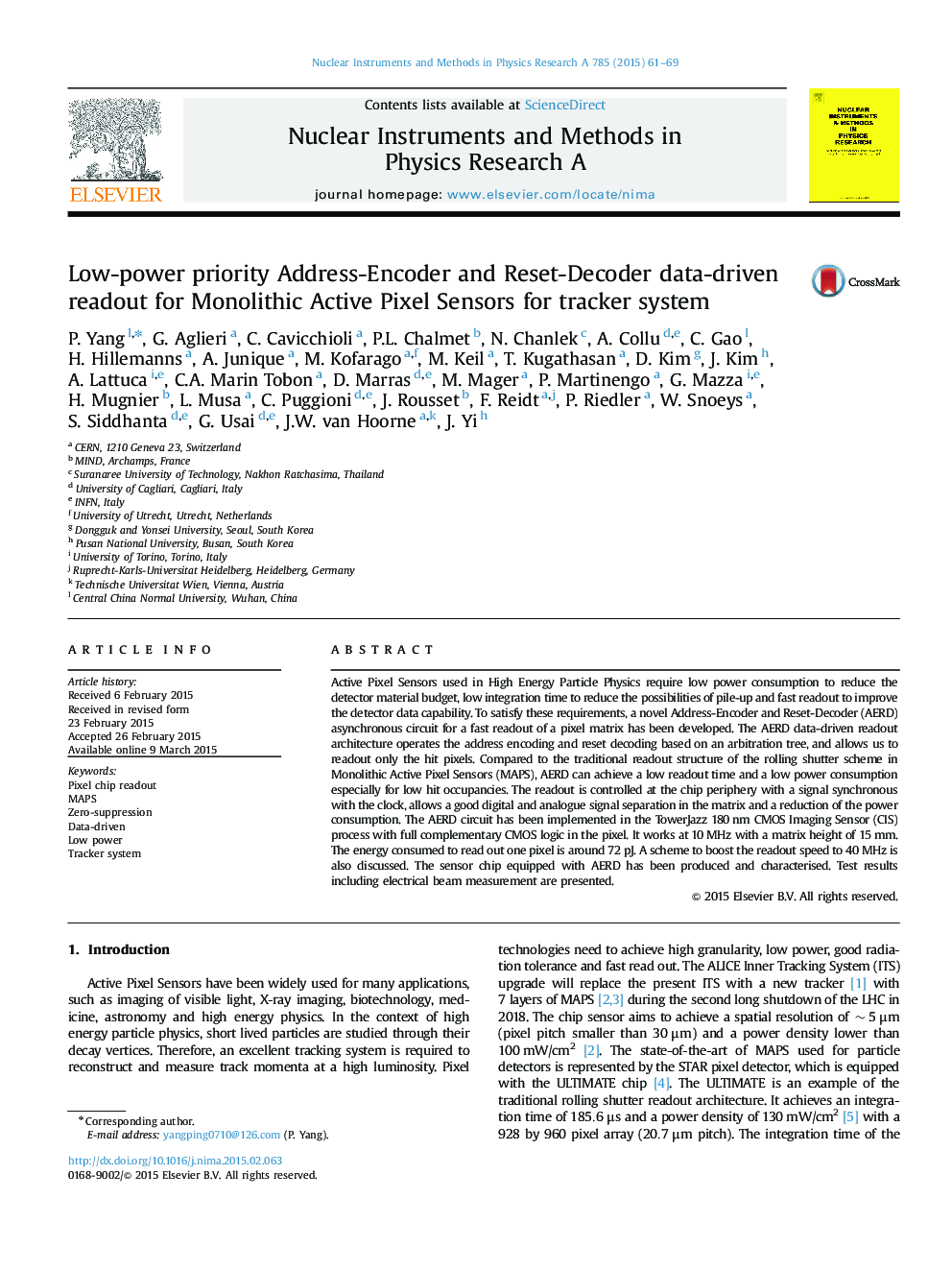 Low-power priority Address-Encoder and Reset-Decoder data-driven readout for Monolithic Active Pixel Sensors for tracker system